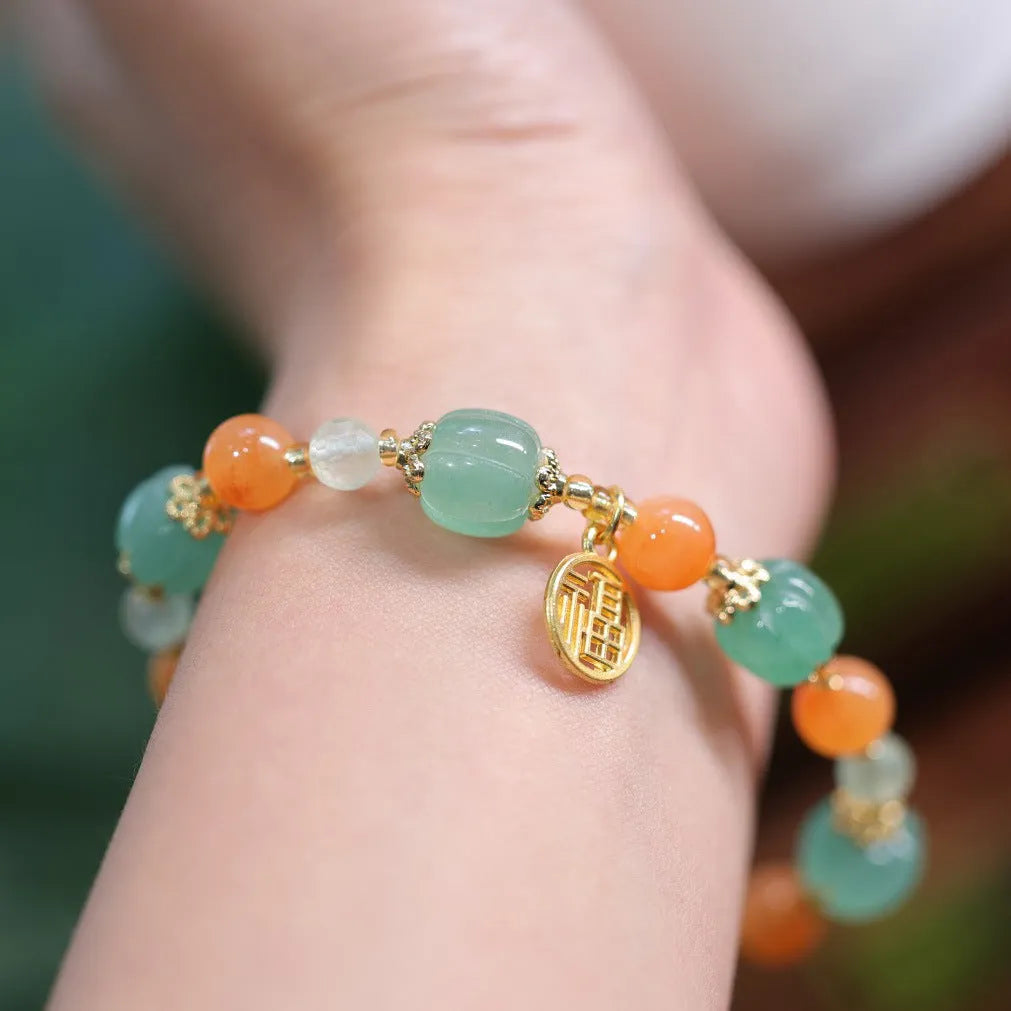 Chinese style Jinsi Jade Duobao pumpkin bracelet with Prehnite stones for 14-16.5cm wrists