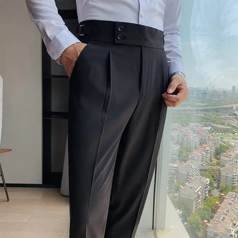 Autumn retro high waist straight leg trousers in black, shown on a model.