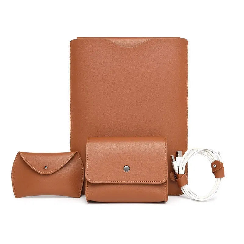 Set of four imitation leather lock-edge corner protectors for MacBook laptops in apricot colour.