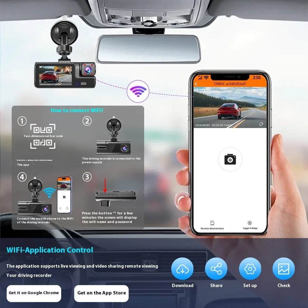 WiFi driving recorder dash cam with 2-inch screen for front and rear car video recording.