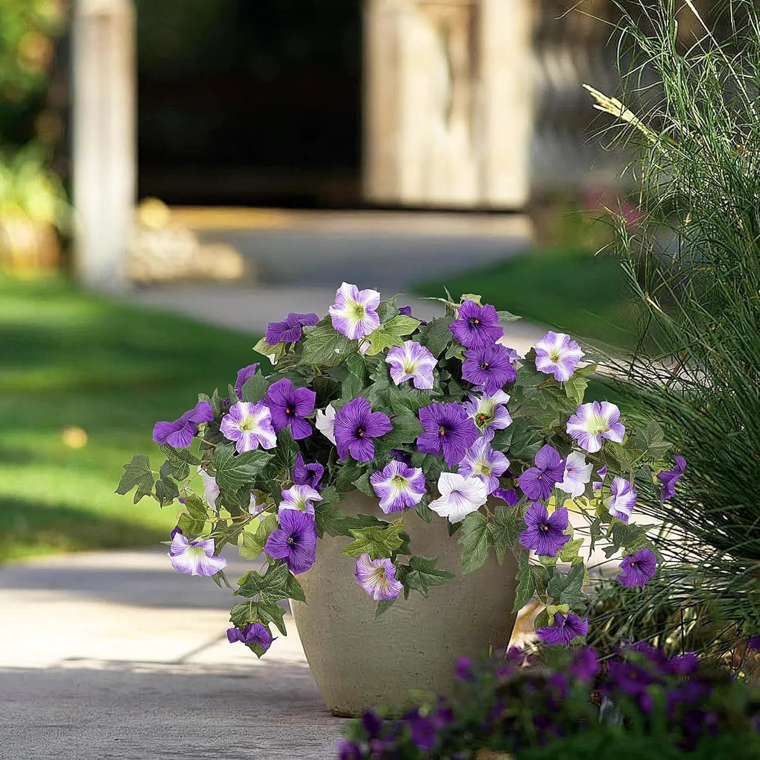Plastic artificial flower container with 12 ground forks in courtyard garden setting