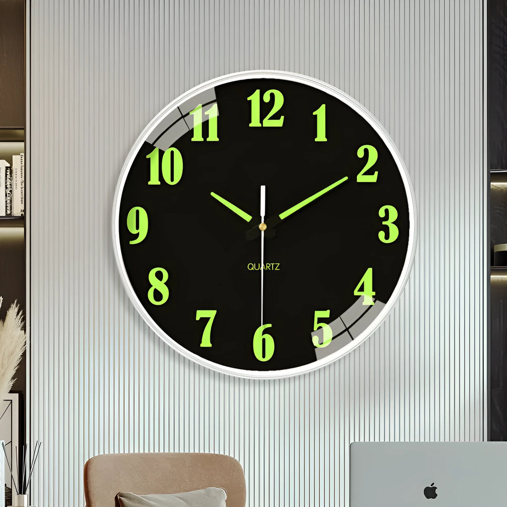8 inch diameter modern luminous wall clock with plastic shell in colour options YG010, YG011, YG012.
