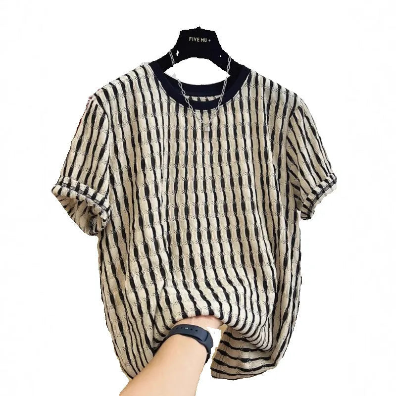Black striped men's casual shirt with short sleeves and loose fit