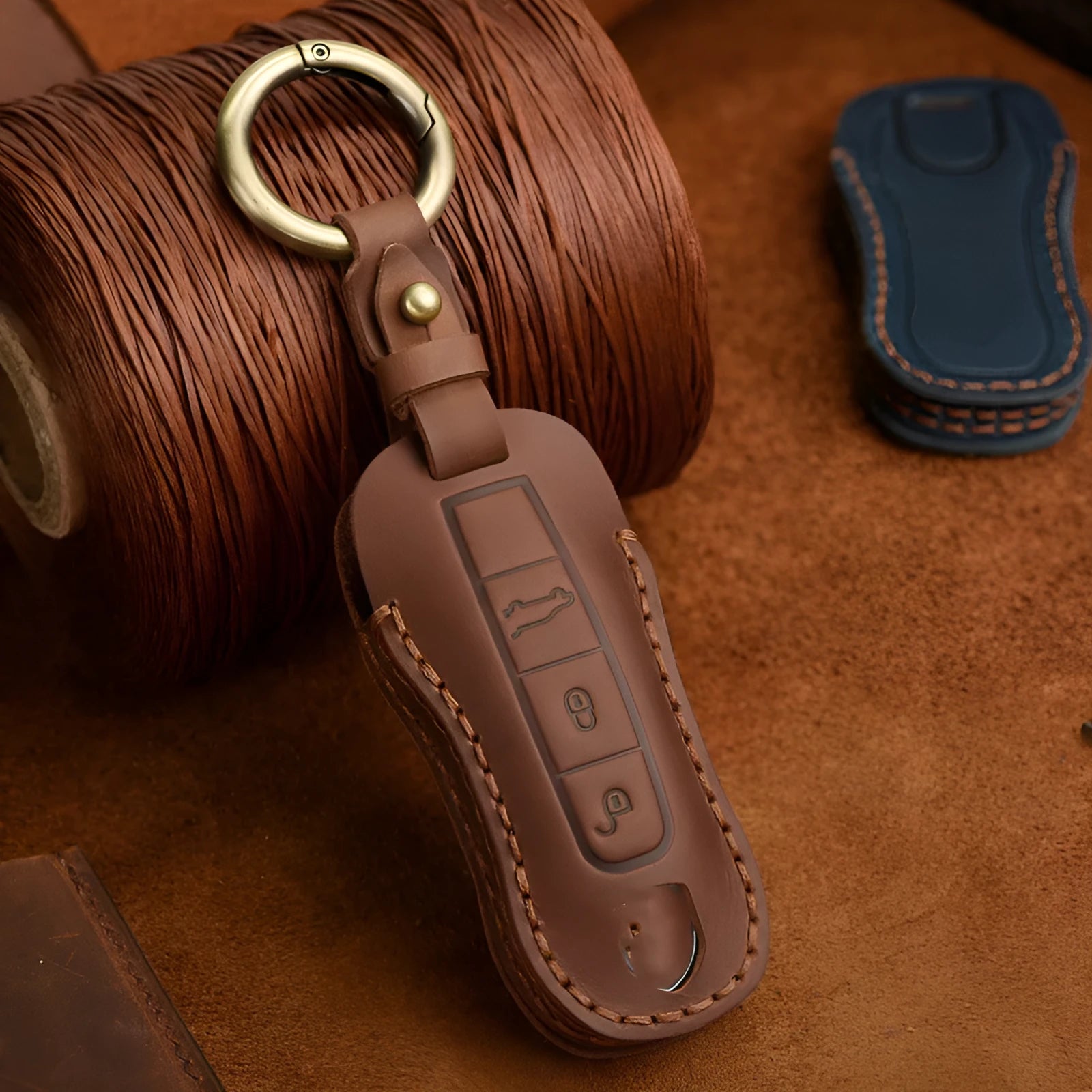 Genuine cowhide leather Porsche key cover in retro style for 3-key or 4-key fobs.