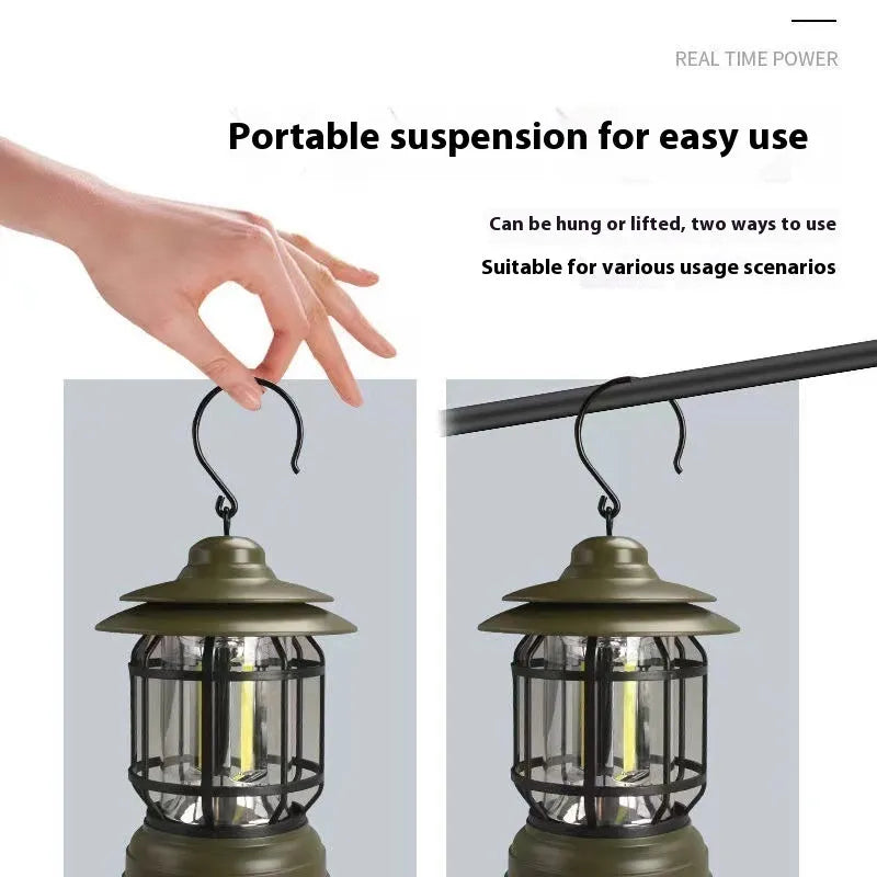 Portable camping head lantern in dark green colour showing compact 16.6cm height dimensions