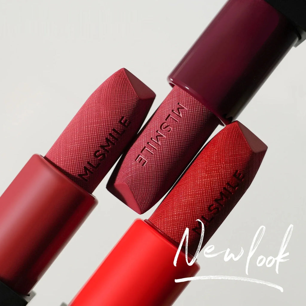 MLSMILE embossed lipstick set of three tubes in a box measuring 7.7cm by 6.8cm.