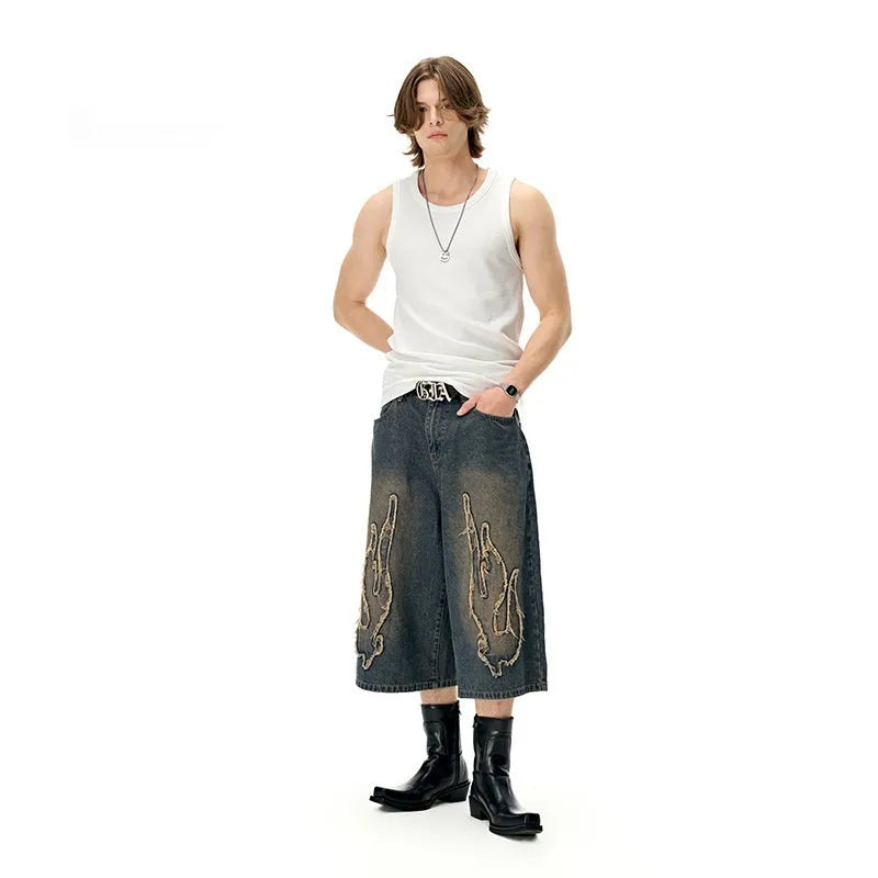 Men's cropped denim shorts with flame embroidery patch in straight-cut summer streetwear design
