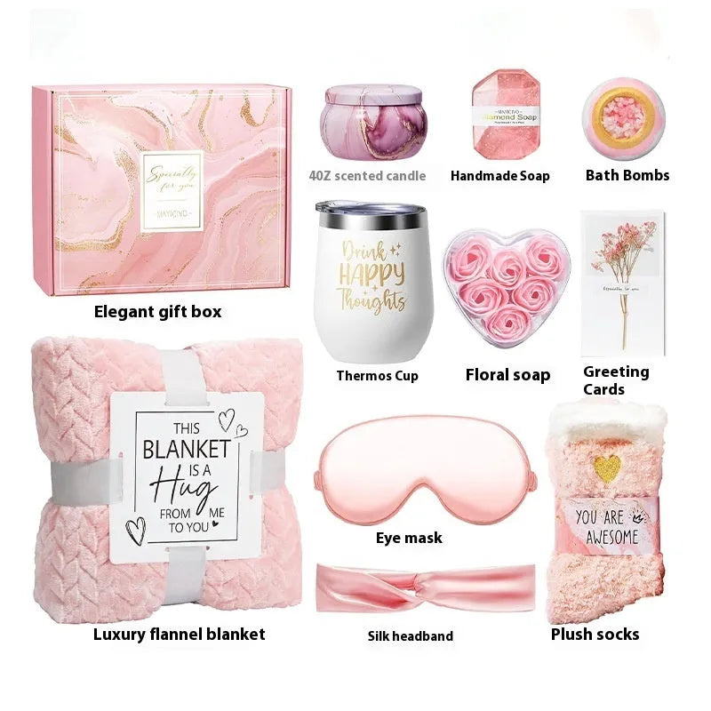 Aromatherapy bathroom gift set with candle and soap bath products in modern style packaging.