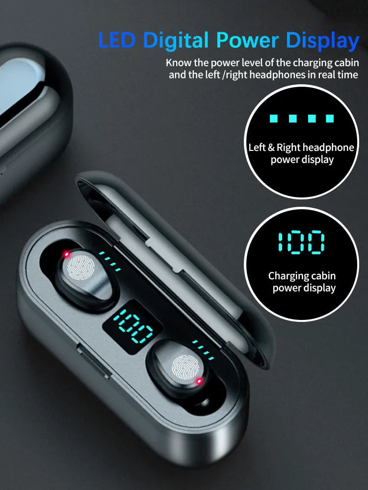 Black wireless Bluetooth headset with digital display, Bluetooth 5.0, stereo earplugs, 10 metre range and 4 hour battery