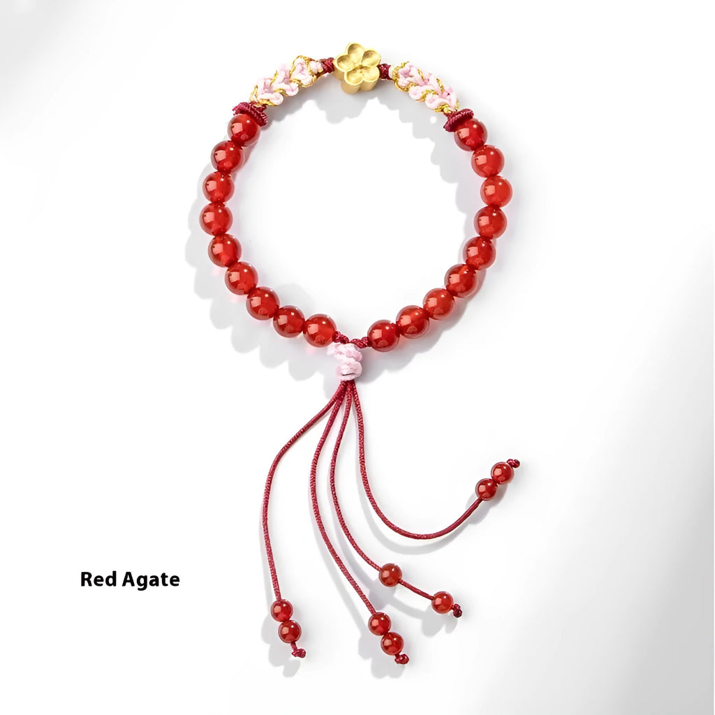 Chinese style red rope bracelet with crystal peach blossom diamond charm in pink or red agate