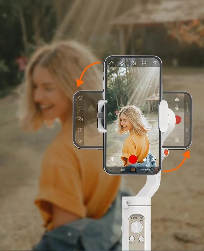 Black or white 3‑axle foldable phone stabiliser showing compact 179mm size and USB port.