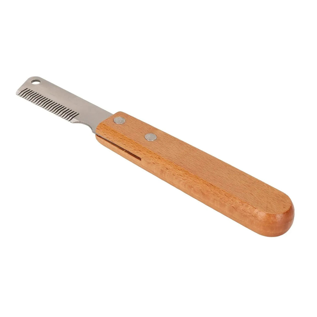 Pet stripping comb grooming tool with wood handle shown in long and short size options