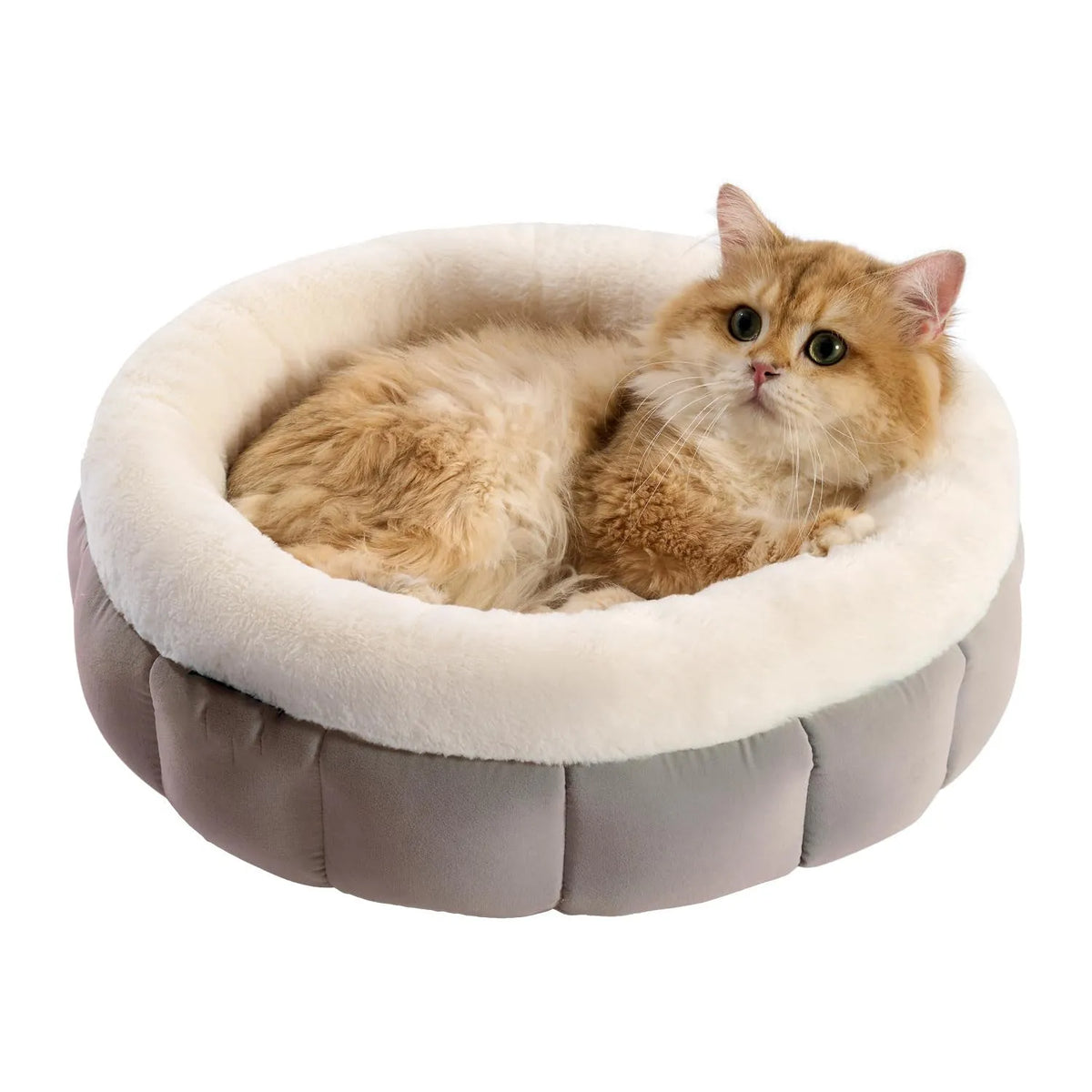 Round donut dog bed in faux rabbit fur with raised sides and anti-slip bottom, sizes XS to XL, colours blue brown green pink