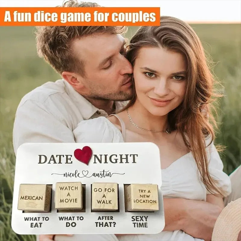 Wooden date night dice set with five natural wood dice, date planner board, and black storage bag for couple games