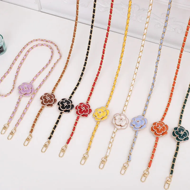 Artificial leather crossbody chain phone lanyard with rose and camellia floral pattern in Korean style, aluminium clip