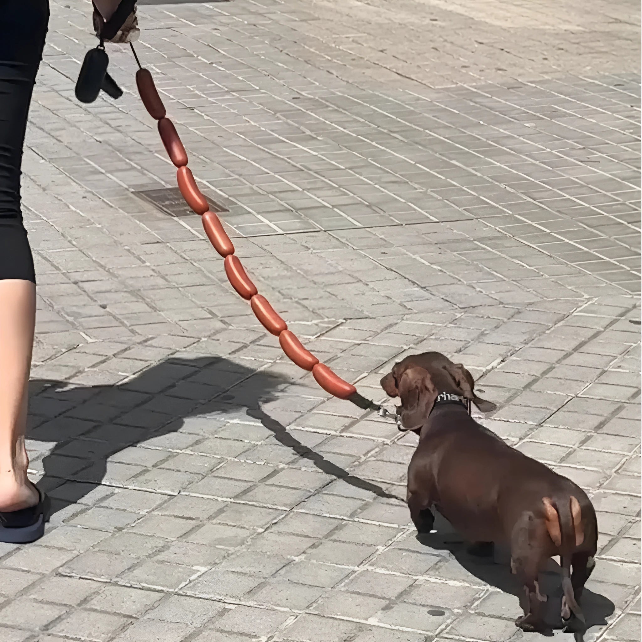Brown sausage toy bundle attached to 108cm rope dog leash with grip tape handle