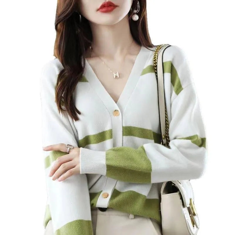 Women's striped knitted cardigan with 3D pattern, V-neck and button-up front in multiple colour options