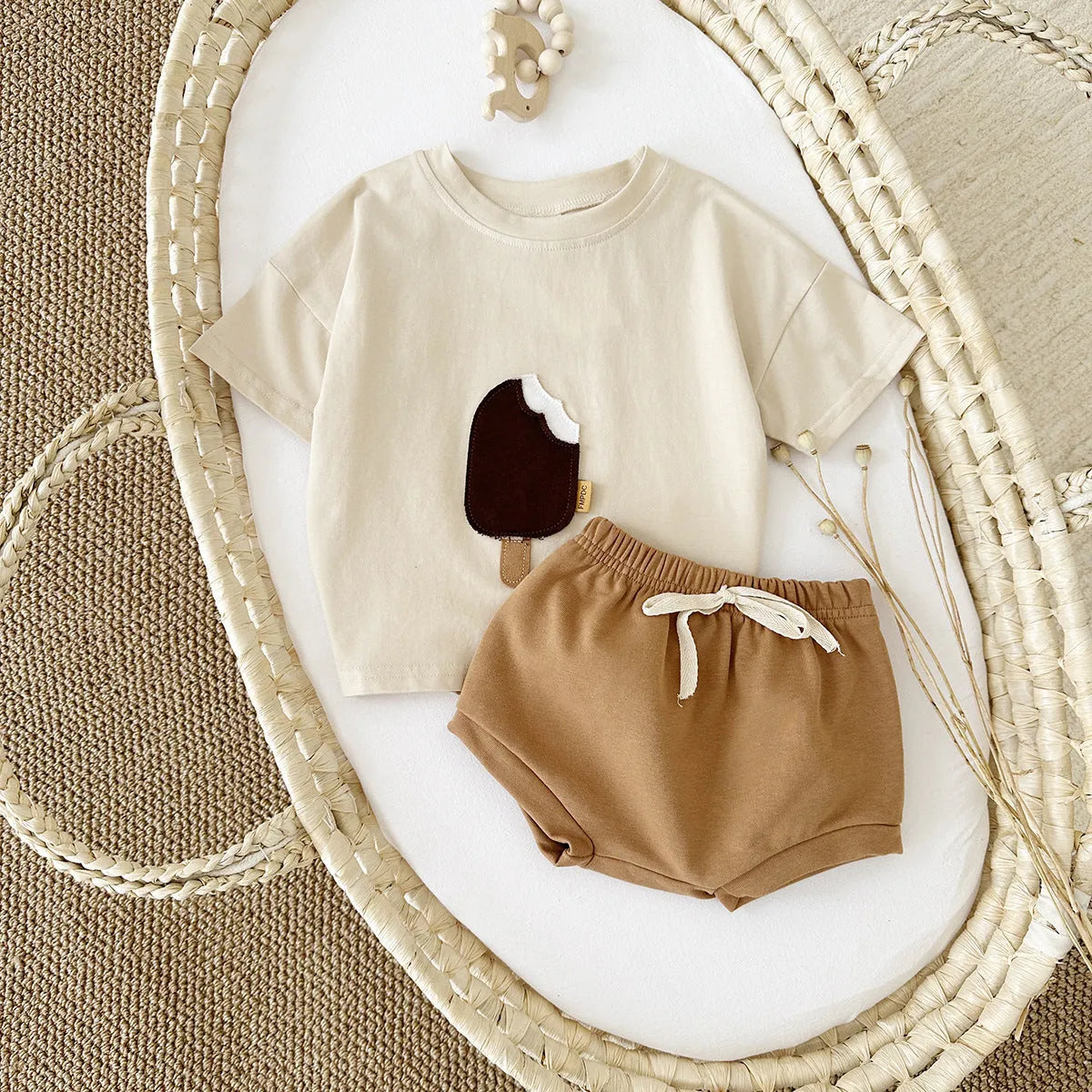 Girls' cotton shorts suit two-piece set with ice cream patch in apricot, olive or white colours