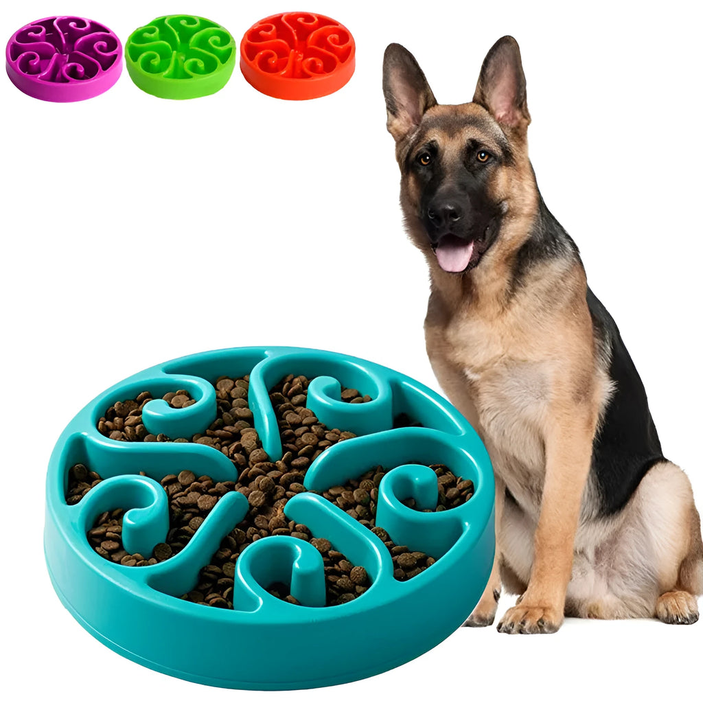 A slow feeder dog bowl with a maze pattern inside and a non-slip base, shown in blue.