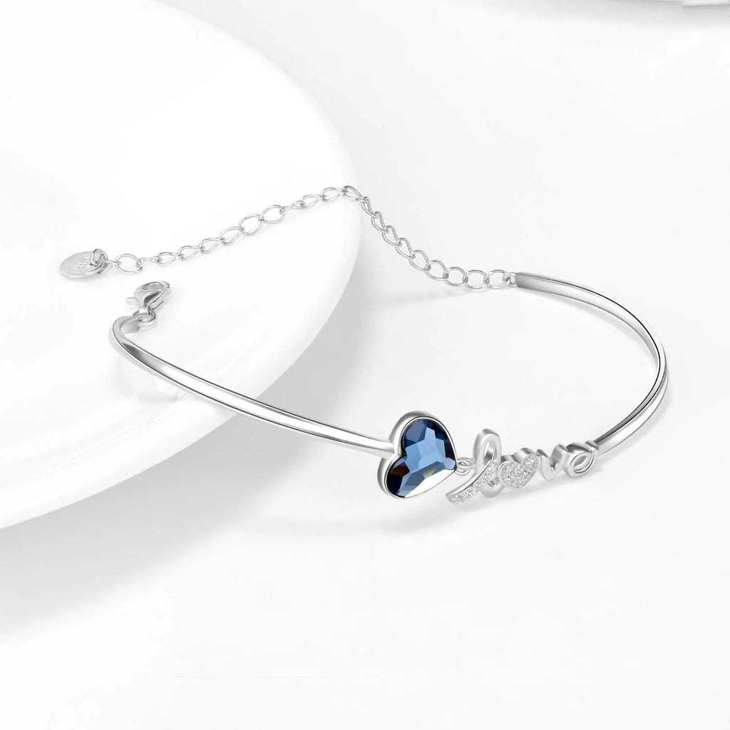 Blue Austrian crystal heart bangle bracelet with Love engraving in white gold plated sterling silver