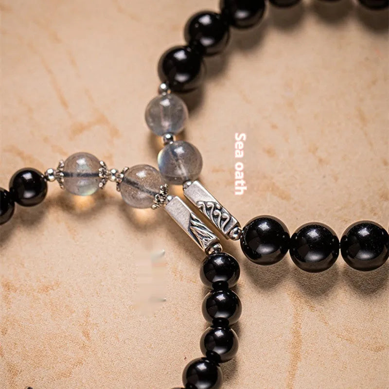 Obsidian Buddha beads couple bracelet DIY kit with 8mm and 10mm beads in national style design