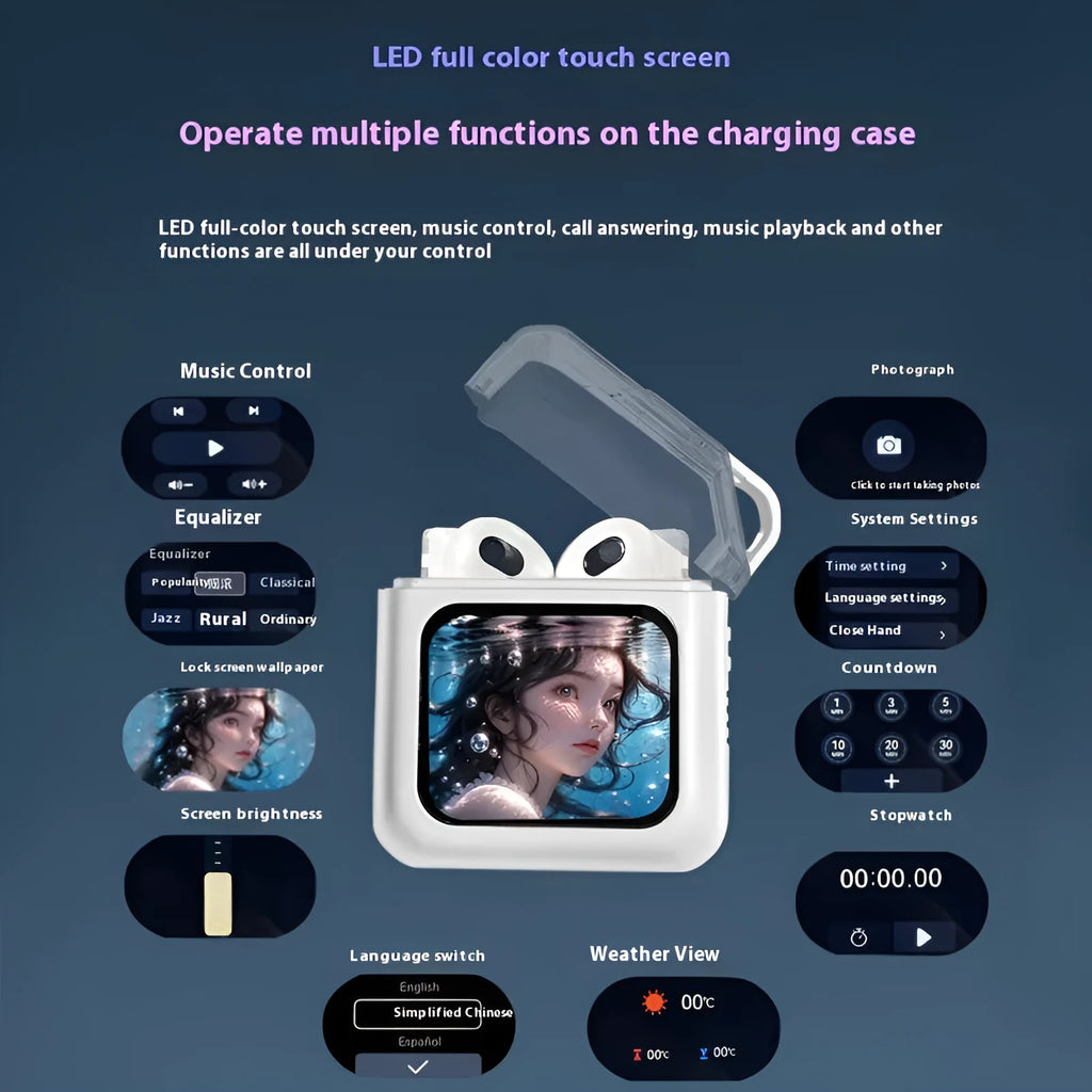 White Bluetooth headset with colour screen display showing battery level and connection status