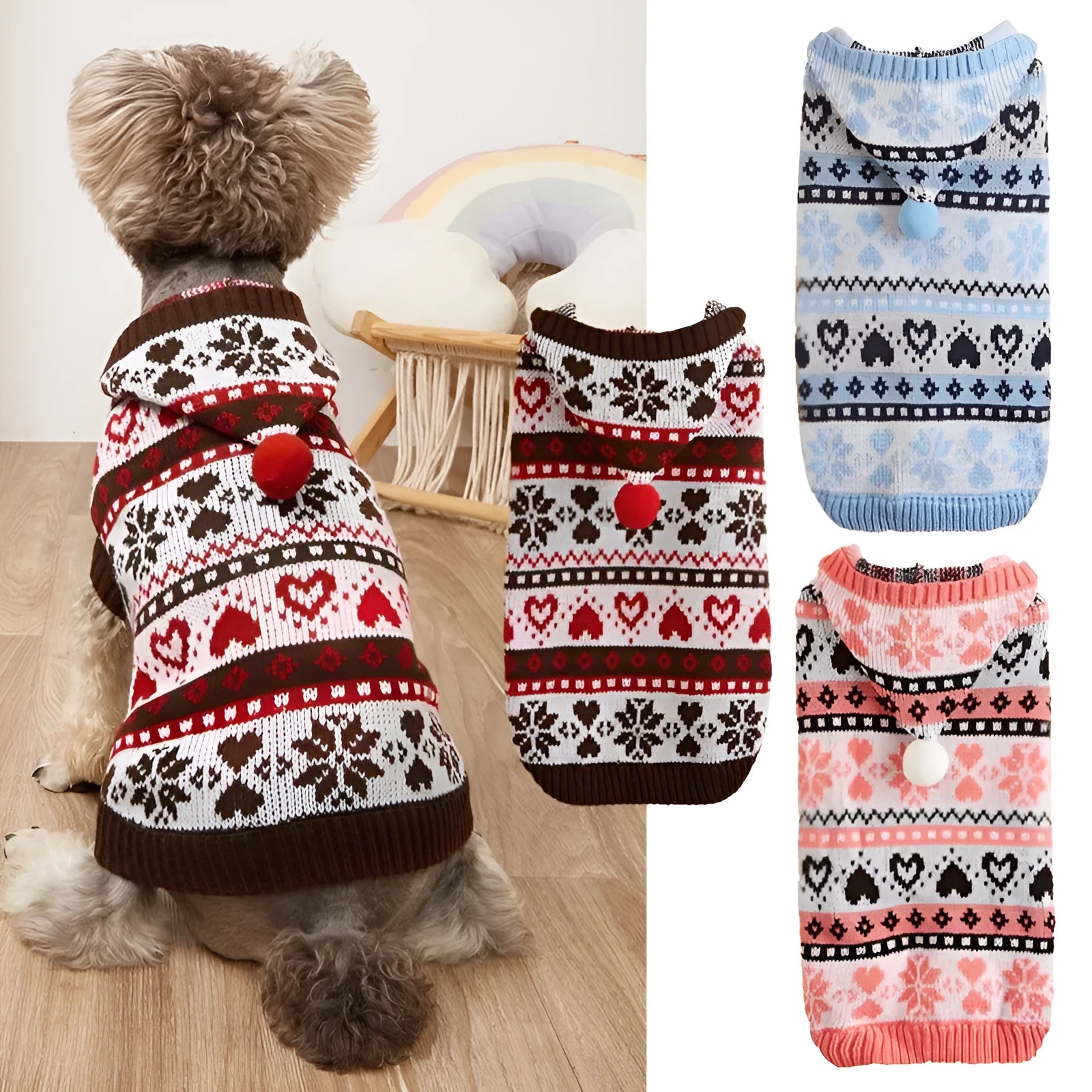 Pink knitted dog sweater with striped camouflage, snowflake, and love pattern on a small dog model.
