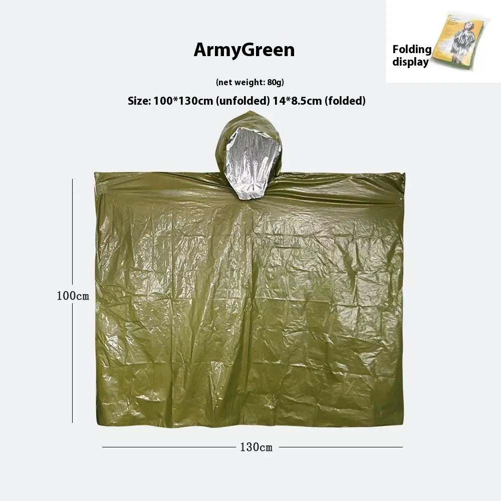 Orange and army green marathon cross-country raincoat laid flat, showing 100x130cm size.