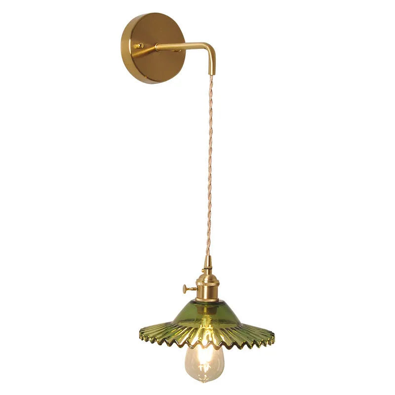 Retro brass lotus wall lamp with copper base and glass shade in one of six colours.