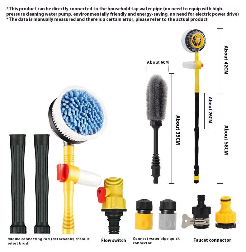 Yellow car wash mop cleaning tool with a chenille brush head and handle with three-gear hydraulic control
