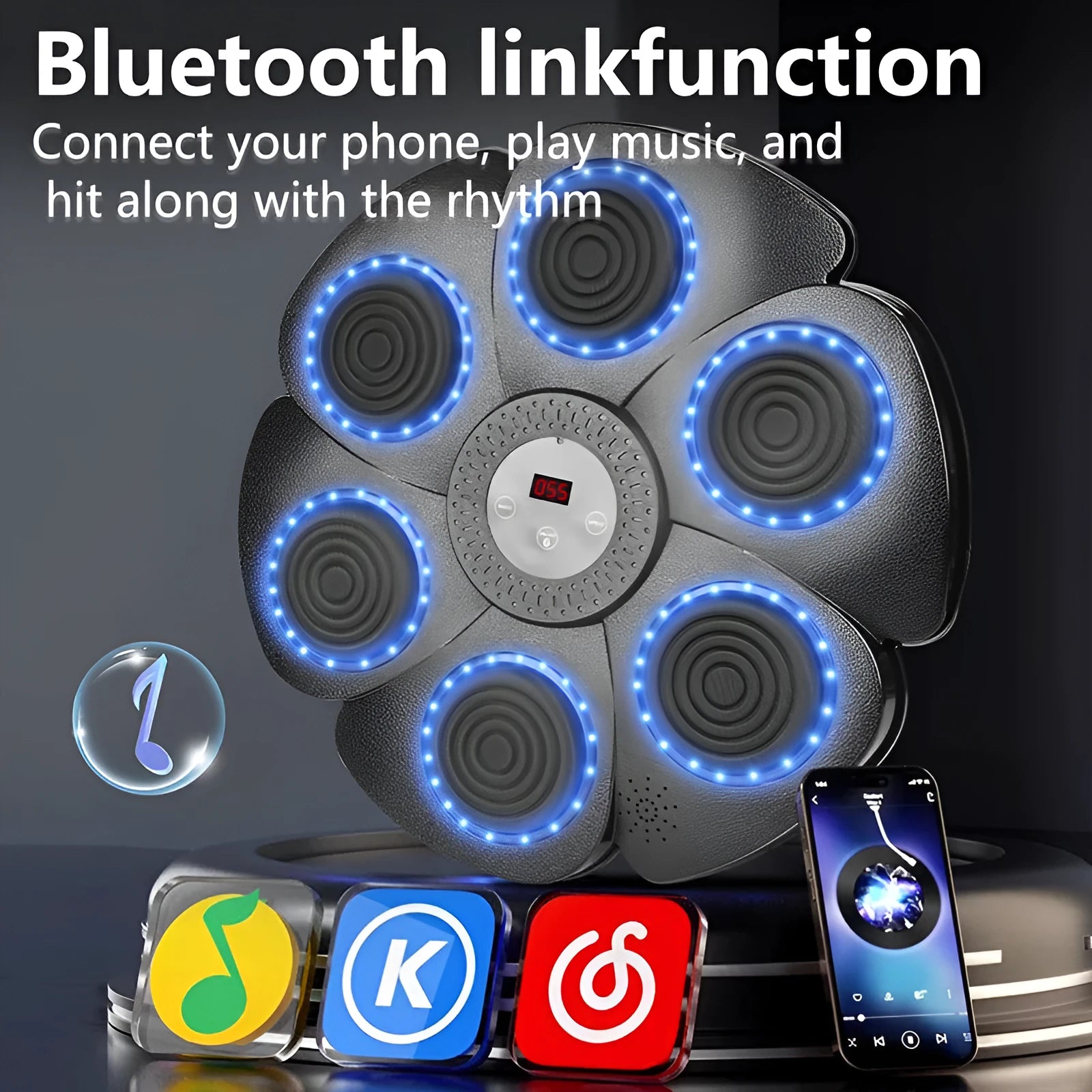 Black smart boxing wall target with Bluetooth lights and included half-finger gloves