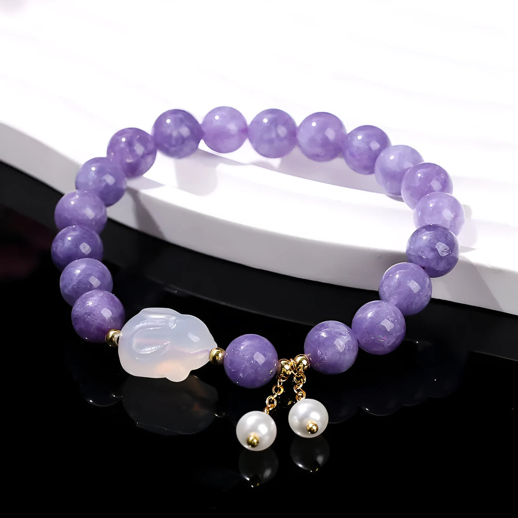 Purple aquamarine chalcedony lychee jelly agate rabbit bracelet with geometric round beads