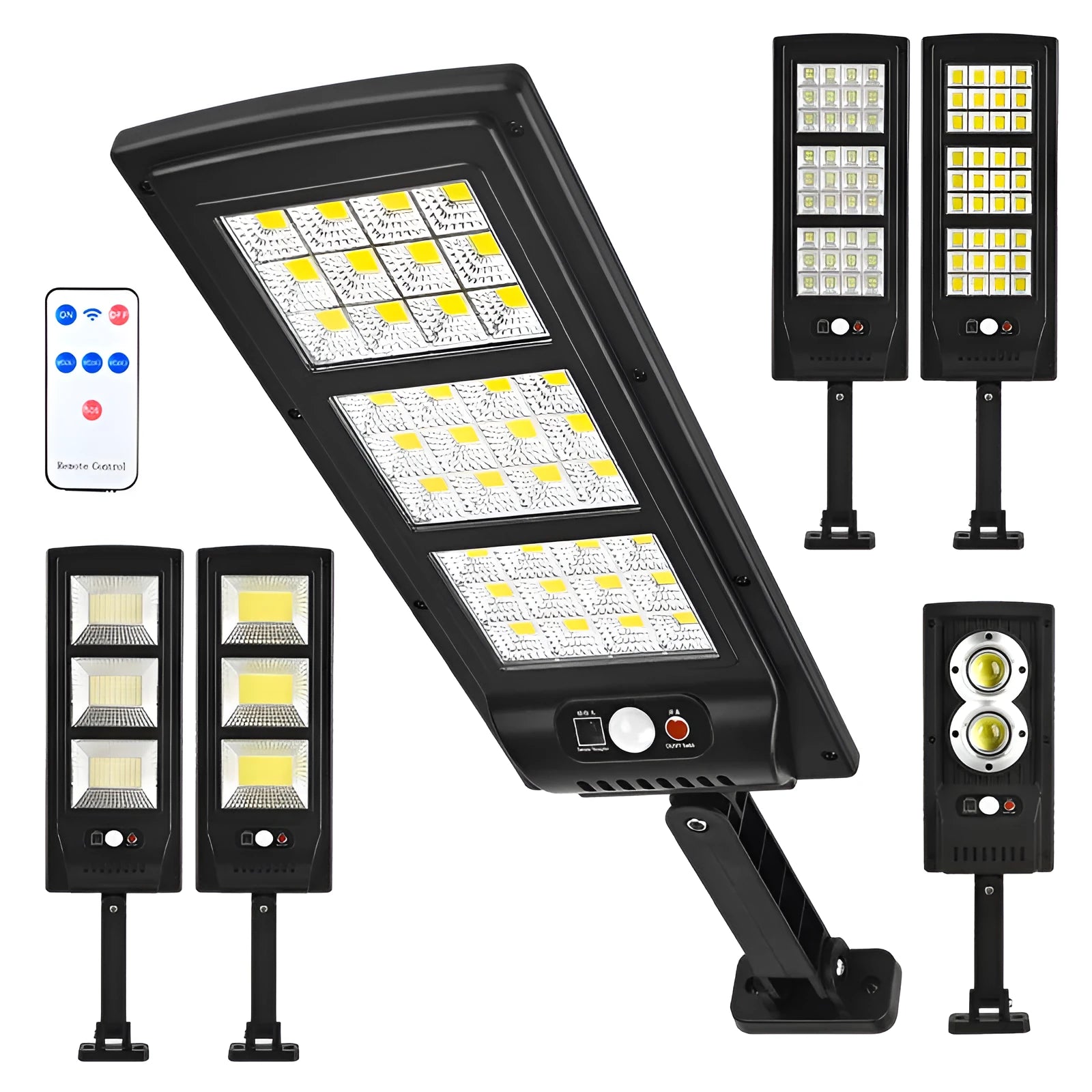 Plastic solar street light with remote control for outdoor wall or garden installation.