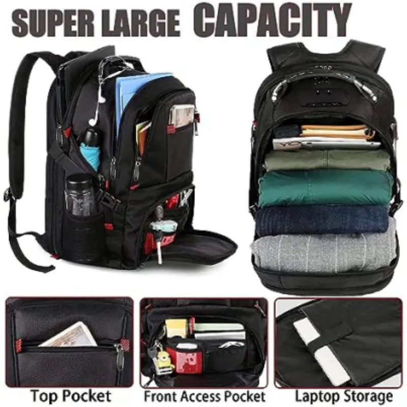 Large black USB charging backpack with curved shoulder straps and waterproof Oxford cloth material