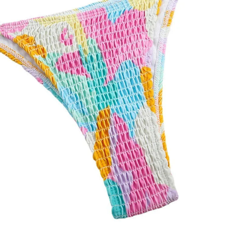 Women's triangle bikini set with smocked bandeau front in multicolour gradient floral print