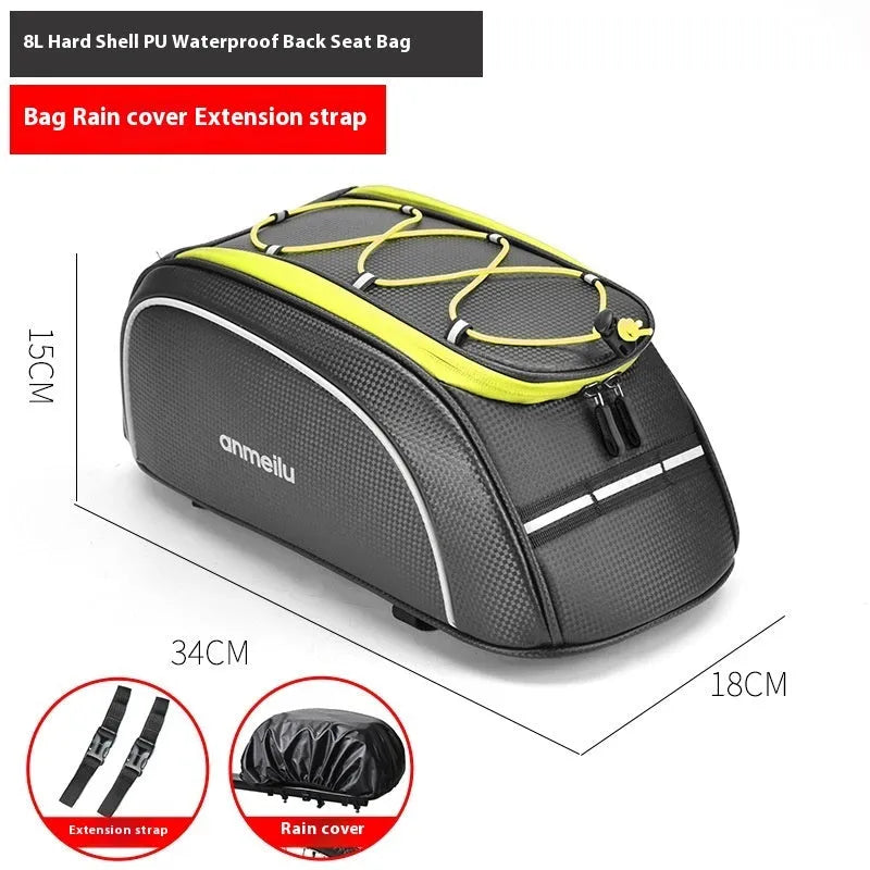 Waterproof black bicycle rear rack bag mounted on bike with 8-litre capacity