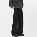 Men's straight casual trousers in black with high waist and cardigan button opening detail