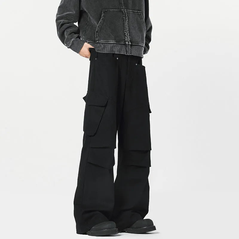 Men's straight casual trousers in black with high waist and cardigan button opening detail