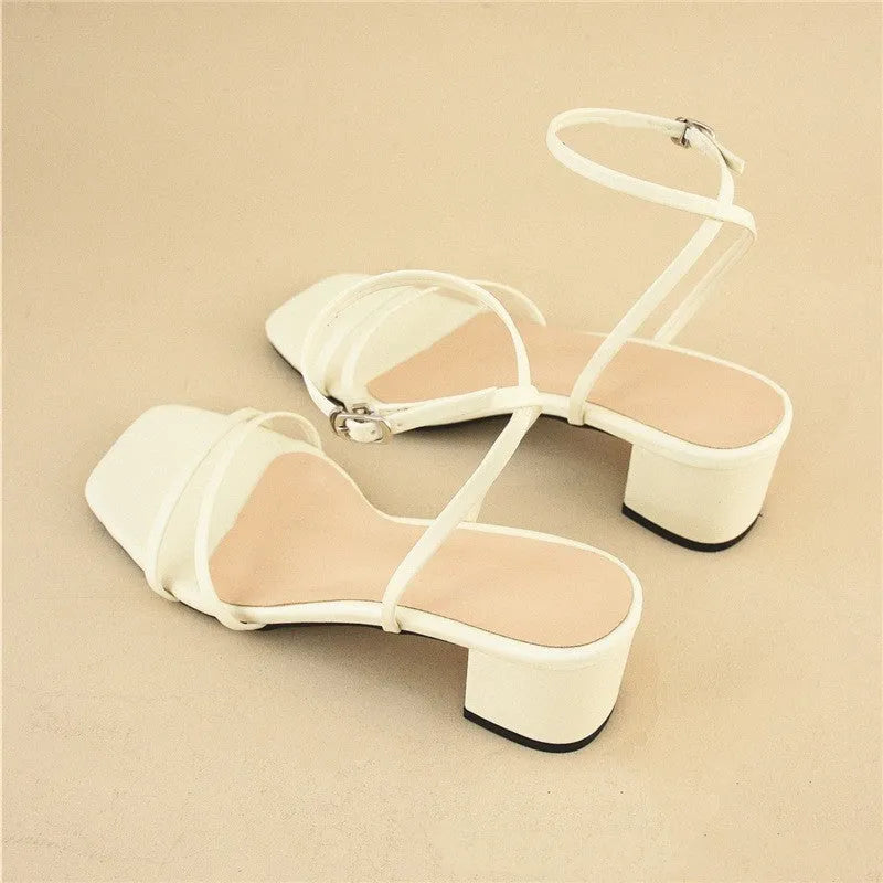 Beige women's square toe sandals with chunky stiletto heel and ankle buckle strap