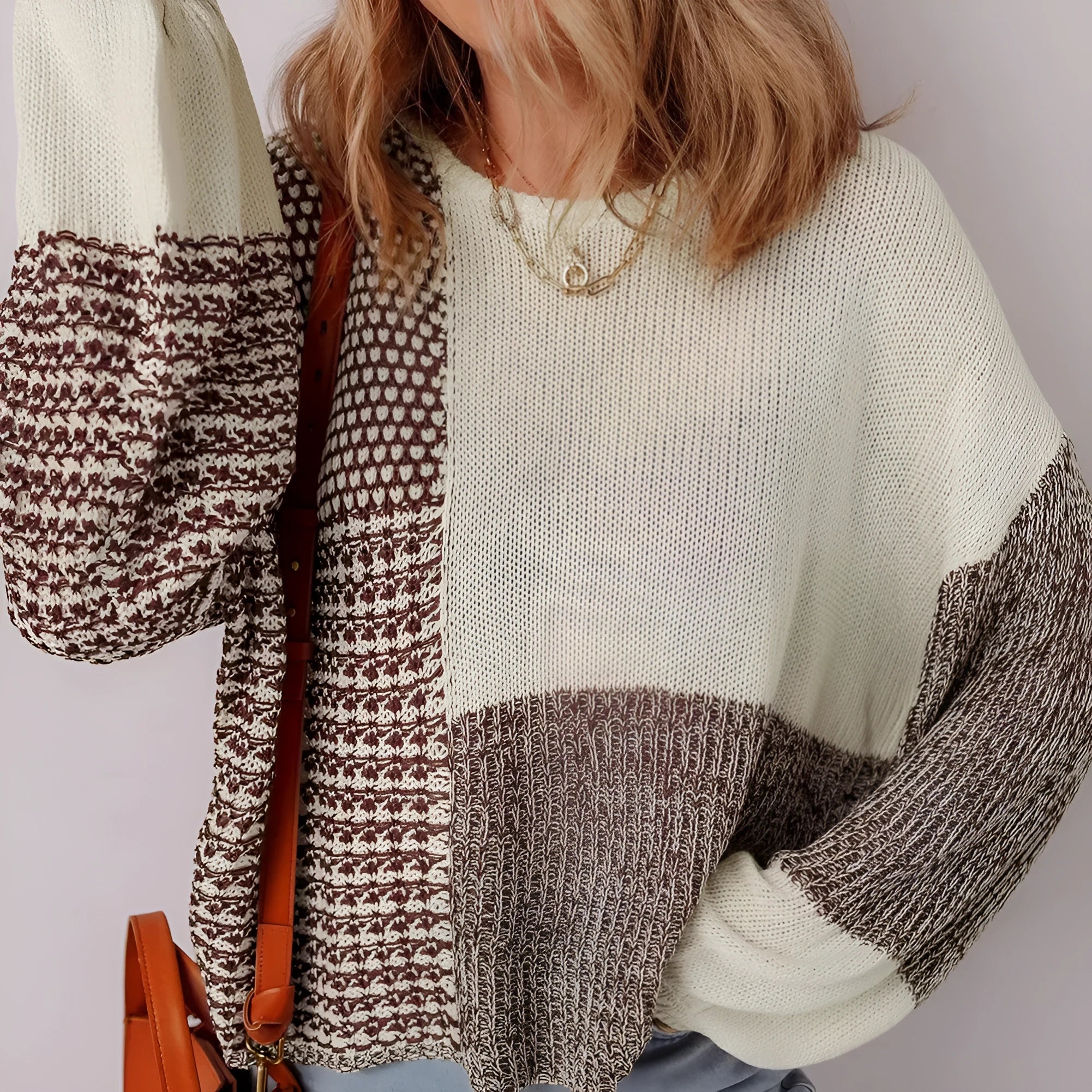 Dark khaki colour block women's long sleeve sweater with back tie detail and drop shoulders.