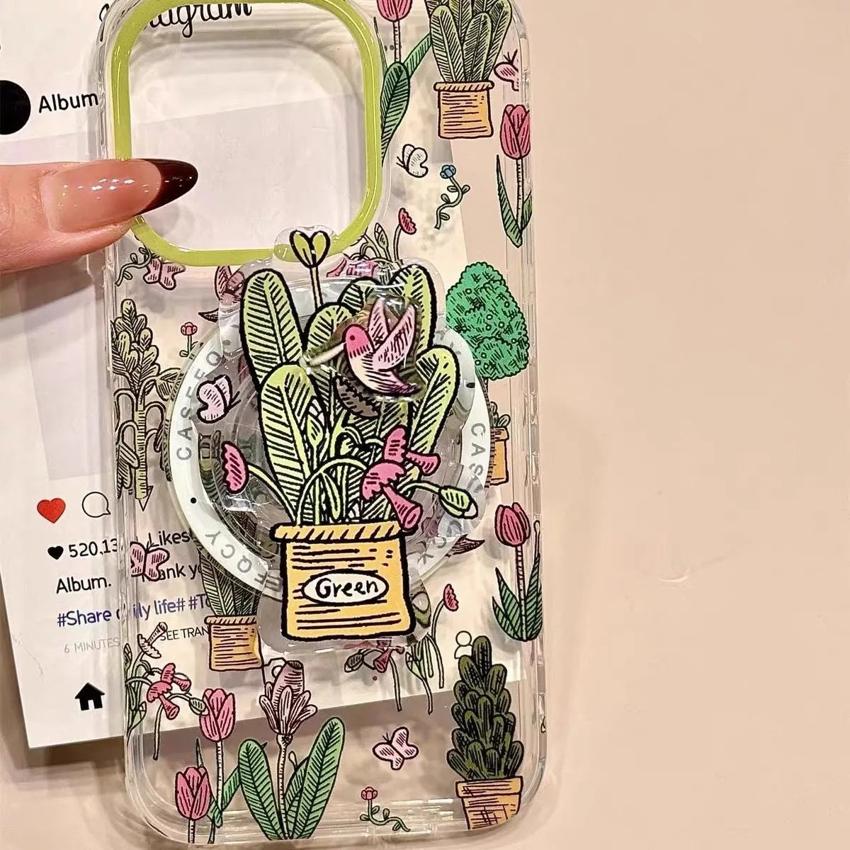 Retro oil painting jungle bird phone case with magnetic bracket for Apple iPhone in transparent frosted acrylic