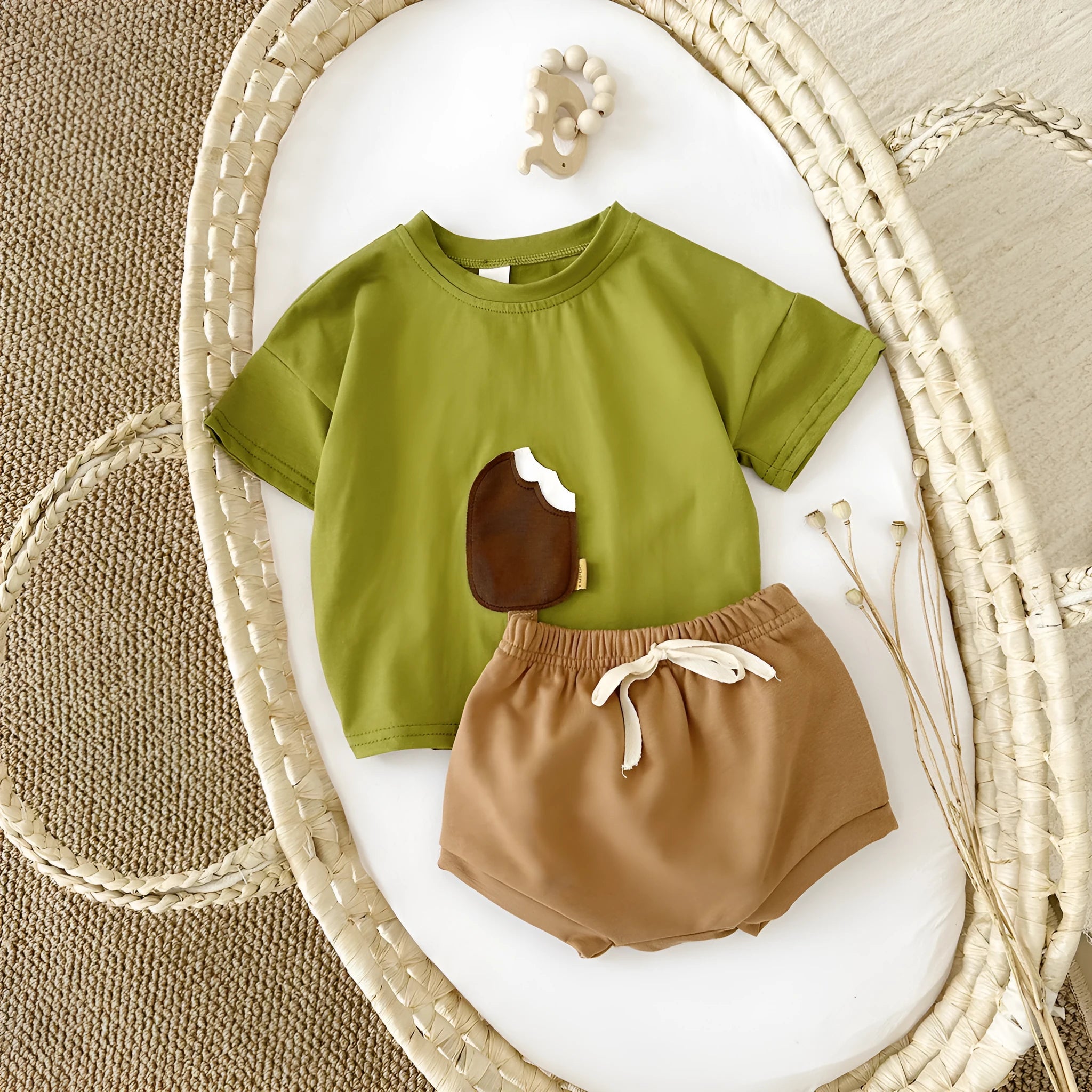 Girls' cotton shorts suit two-piece set with ice cream patch in apricot, olive or white colours