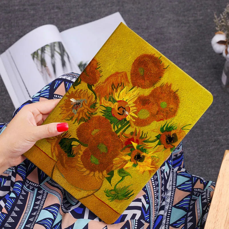 Handmade liquid silicone flip case for iPad with floral design artwork on the cover.