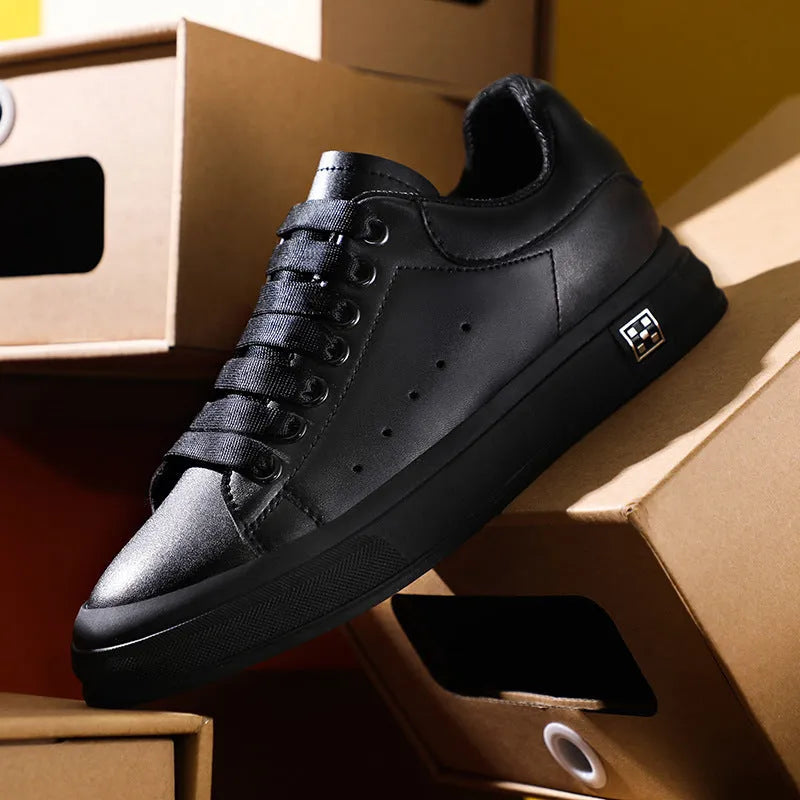 Men's height increasing leisure sneakers, black, 6cm hidden elevator, round toe, lace-up front