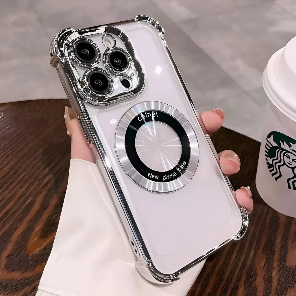 Electroplated magnetic TPU phone case for Apple iPhone 15 in silver gray, showing rear camera cutout and metallic finish