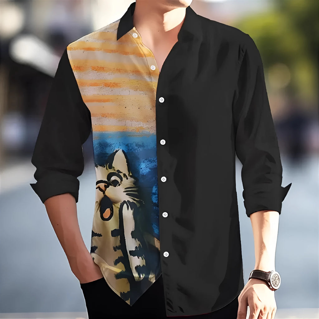 Hawaiian floral pattern men's long sleeve shirt in loose cardigan style with stretch polyester fabric