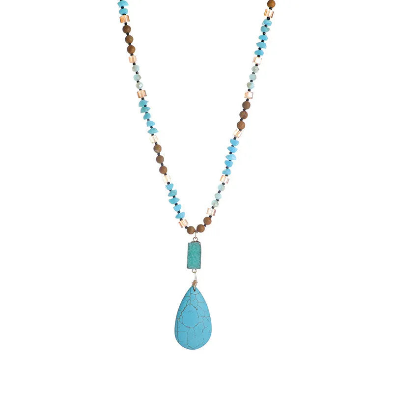 Turquoise blue water drop pendant necklace with mixed gem inlay and ball bead chain