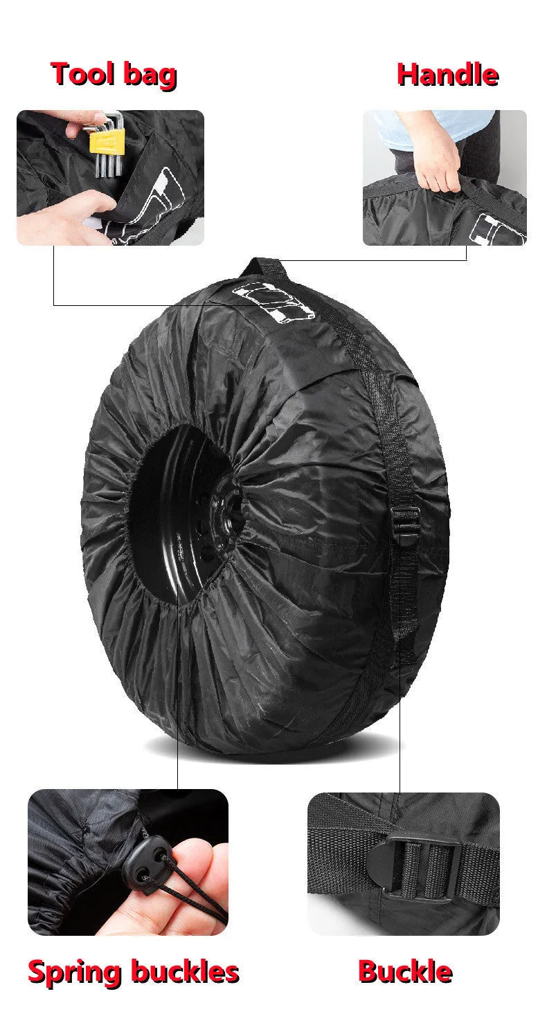 Set of four black polyester car tyre protective covers with a red belt style detail.