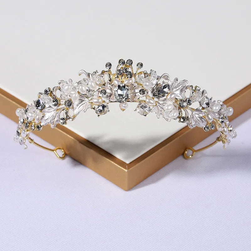 Gold and silver alloy pearl crown headdress for women's weddings and formal occasions