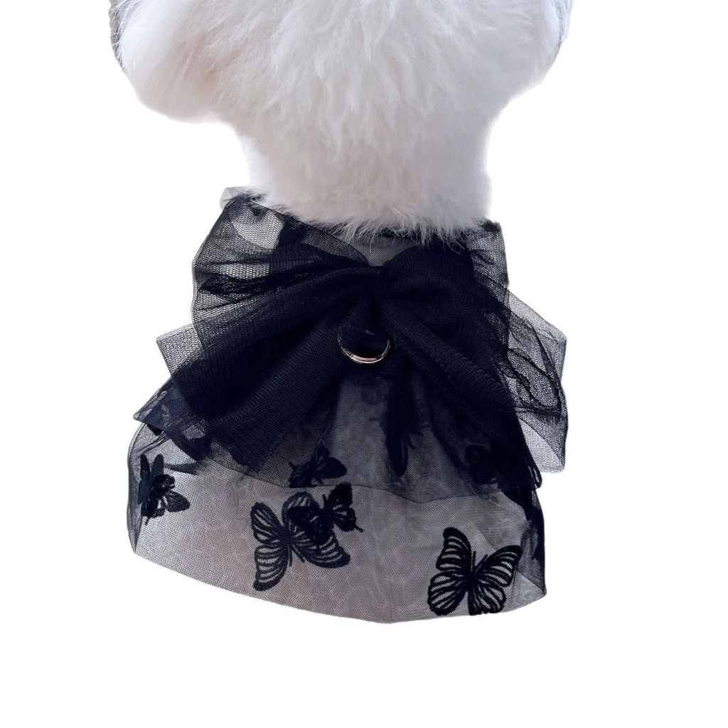 Black tulle princess skirt costume for a small dog on a mannequin.